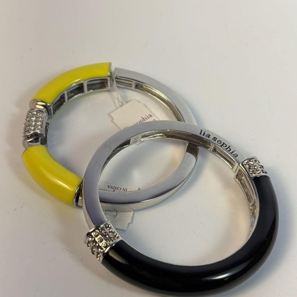 Preppy Glam Lia Sophia Bangles Black Yellow Enamel Rhinestones - Picture 2 of 5